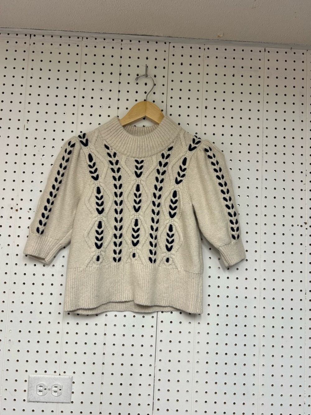 Rails Addy Cable Knit Short-Sleeve Mock Neck Sweater with Navy Eyelet Detail - Picture 2 of 6